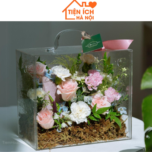 Hộp Hoa Mica Trong Suốt Lắp Ráp Size 30cm - Hộp Vali Mica Đựng Hoa & Quà Bằng Mica