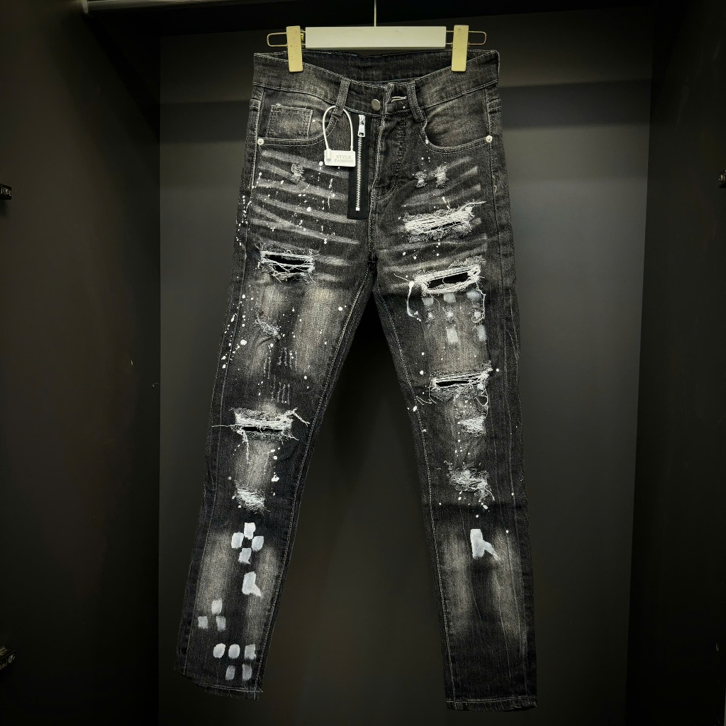 Quần jean nam dài phối sơn vá đen boy phố chất vải dày dặn Mensw