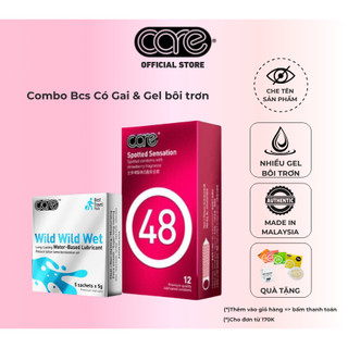  COMBO 12 bao cao su gai CARE 48 hương dâu và Hộp 5 Gel bôi trơn gốc nước kéo dài thời gian 