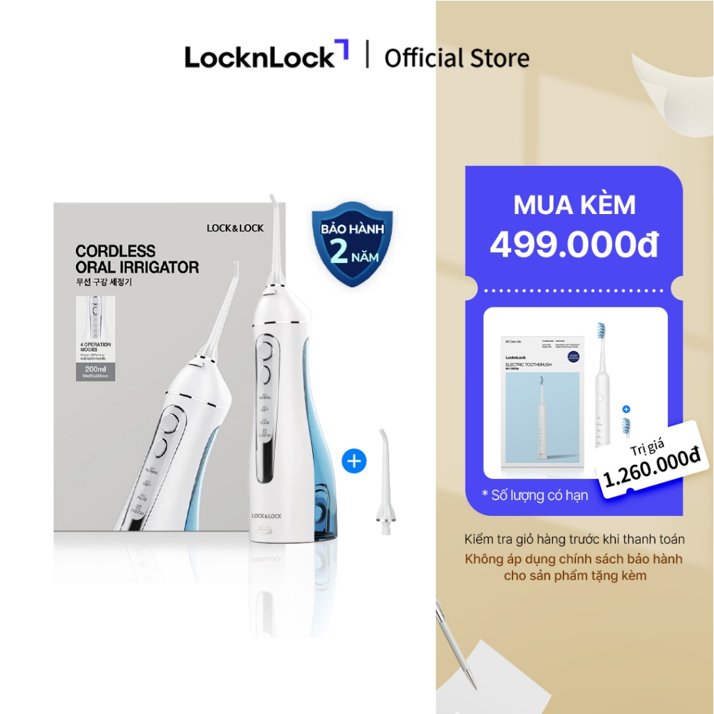 Máy tăm nước không dây 4 chế độ dùng được răng niềng Lock&Lock Cordless Oral Irrigator 200ml - Màu xanh - ENR156BLU