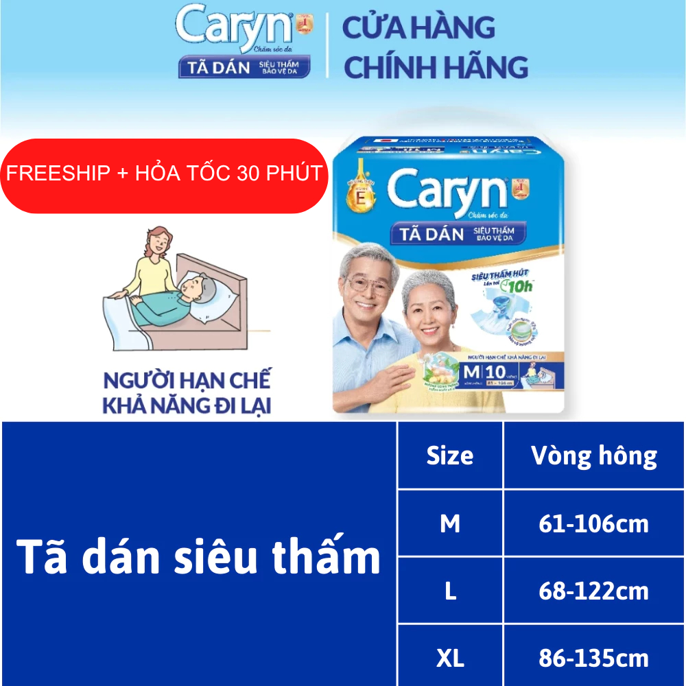 Bỉm người già Caryn dạng dán full size  M10/ML10/XL10 miếng, Bỉm người lớn chống trào 4 chiều dành cho người cao tuổi