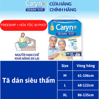 Bỉm người già Caryn dạng dán full size  M10/ML10/XL10 miếng, Bỉm người lớn chống trào 4 chiều dành cho người cao tuổi