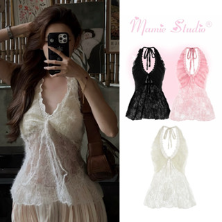 Áo yếm nữ ren Mamie có kèm mút, lưng chun, dây cột có thể điều chỉnh.