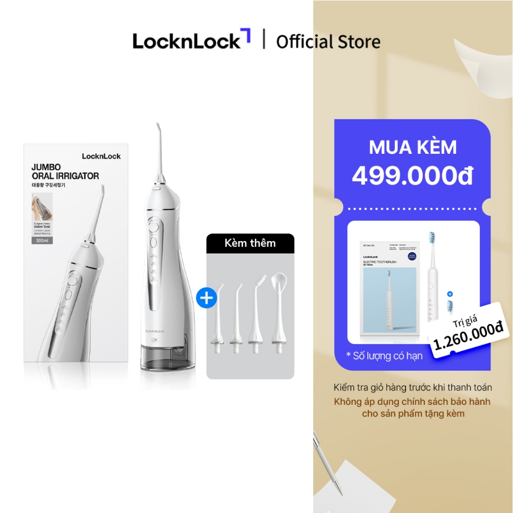 Máy tăm nước Lock&Lock Jumbo oral irrigator 300ml 3 loại đầu tăm 4 chế độ sử dụng đến 20 ngày Màu xám ENR166GRY