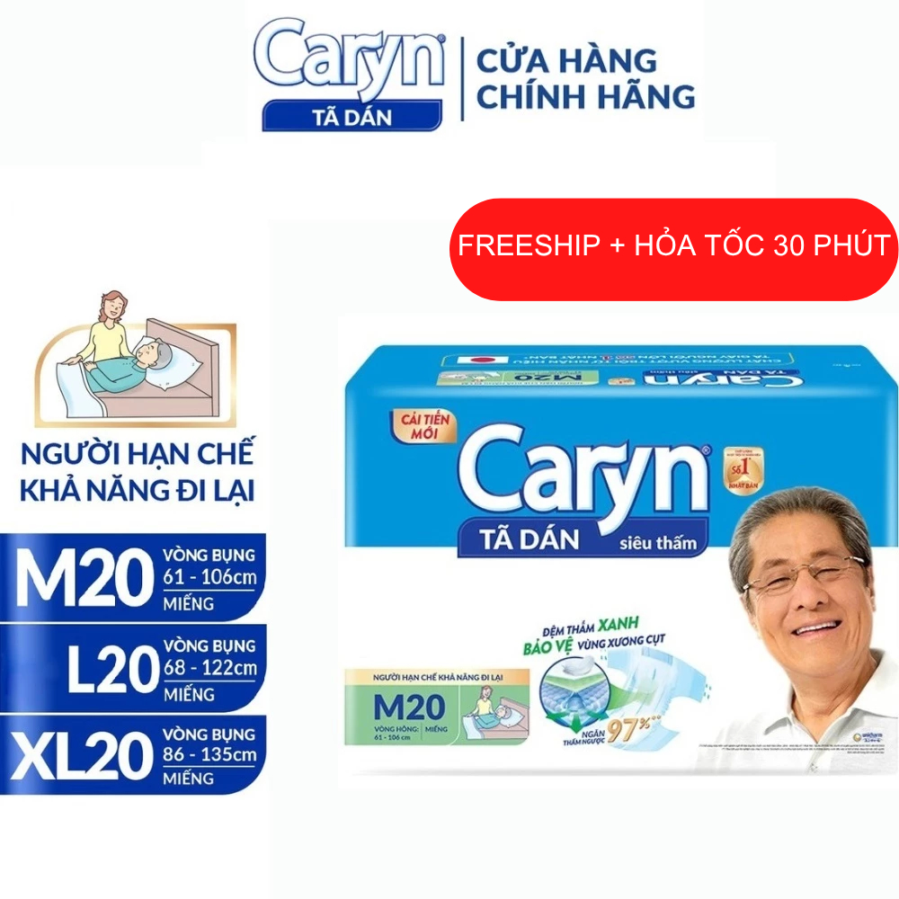 Bỉm người lớn CARYN dạng dán đủ size M20/ML20/XL20 miếng, Bỉm người già siêu thấm chống trào 4 chiều dành cho người già