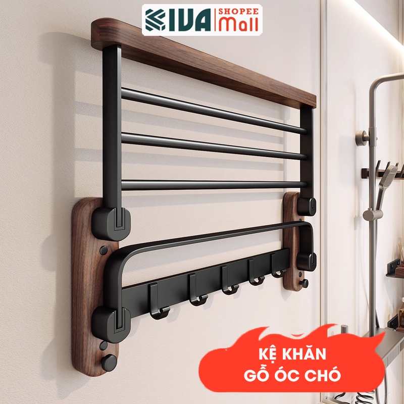 Bộ sưu tập giá kệ treo khăn, treo đồ nhà tắm KIVA chất liệu gỗ óc chó lắp đặt dán, khoan tường.