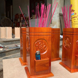 (Mẫu mới khắc chữ : PHÚC - LỘC- THỌ ) ống đựng nhang gỗ tự nhiên đẹp mắt có chỗ để hộp quẹt 27x11cm