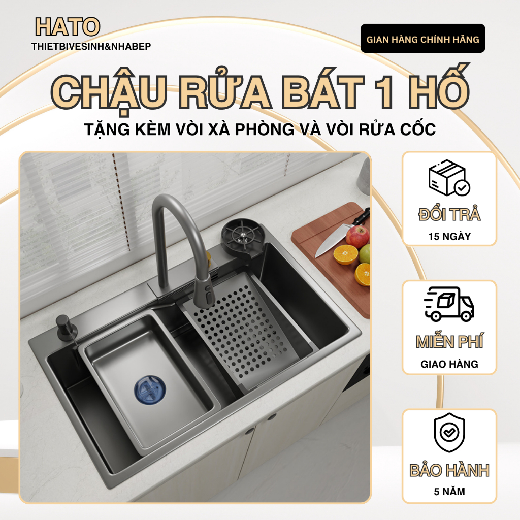 Chậu Rửa Bát 1 Hố Hato INOX SUS304 Cao Cấp Phủ Nano, Bồn Rửa Chén 1 Ngăn Lớn Kèm Vòi Thác Nước,Thớt, Khay Rửa, Xiphong