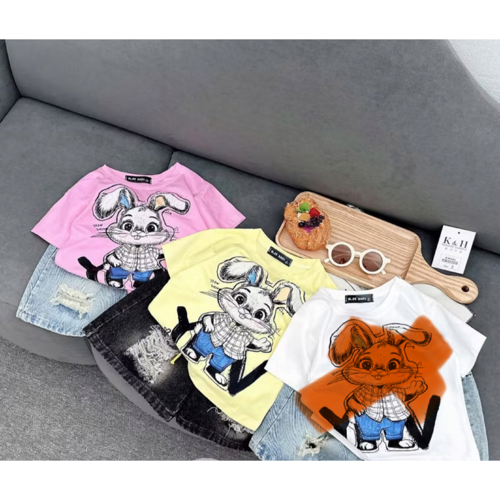 [BỘ ĐỒ BÉ UNISEX] Set áo thun thỏ vàng + quần jean rách thời trang cho bé 2–8 tuổi