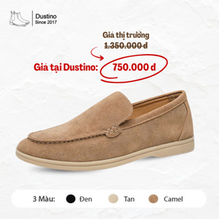 Shallow Slip On Da Lộn Đế Bệt, Giày Lười Nam Đế Bệt Da Thật Nâu Be Dustino