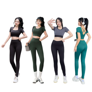 Đồ Tập Gym Nữ, Đồ Tập Yoga Nữ Áo Cộc Tay Croptop Quần Dài Chất Thun Poly 2 Da Co Giãn 4 Chiều Kèm Mút (D02/D16/D01/D27)