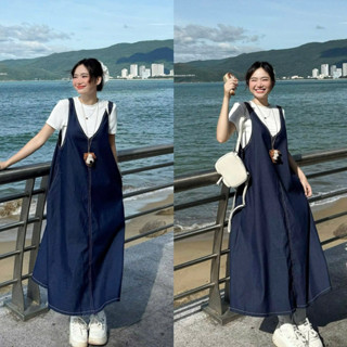  set yếm bò dáng dài có túi sườn mix áo thun giấy mềm mát 