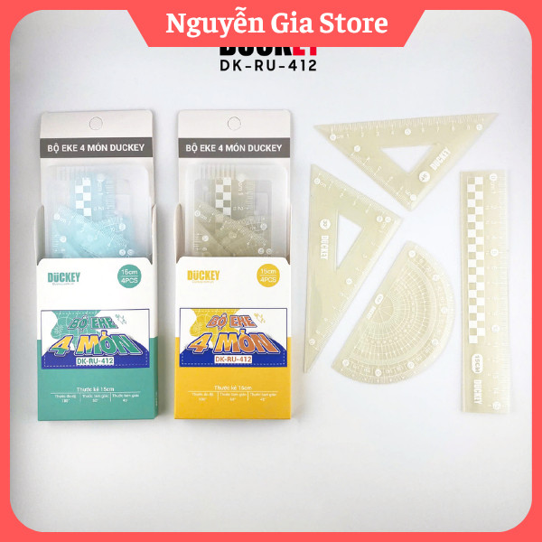 Bộ Thước Eke Hình Học 4 Chiếc RU-412 Duckey – Có Hộp Nhựa, Nhiều Màu, Dành Cho Học Sinh