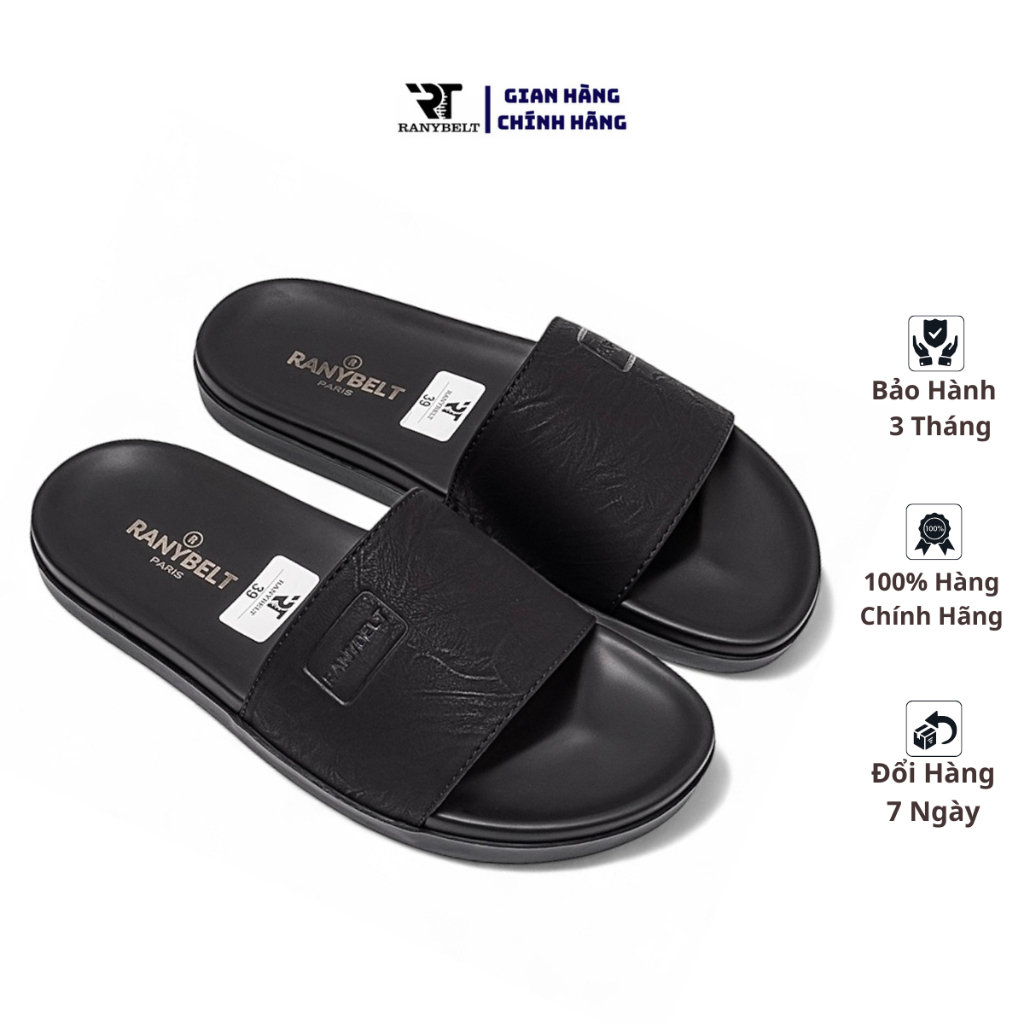 Dép da nam quai ngang in logo RANYBELT GIÀY NAM CAO CẤP đế cao su chống trơn trượt RT18 màu đen