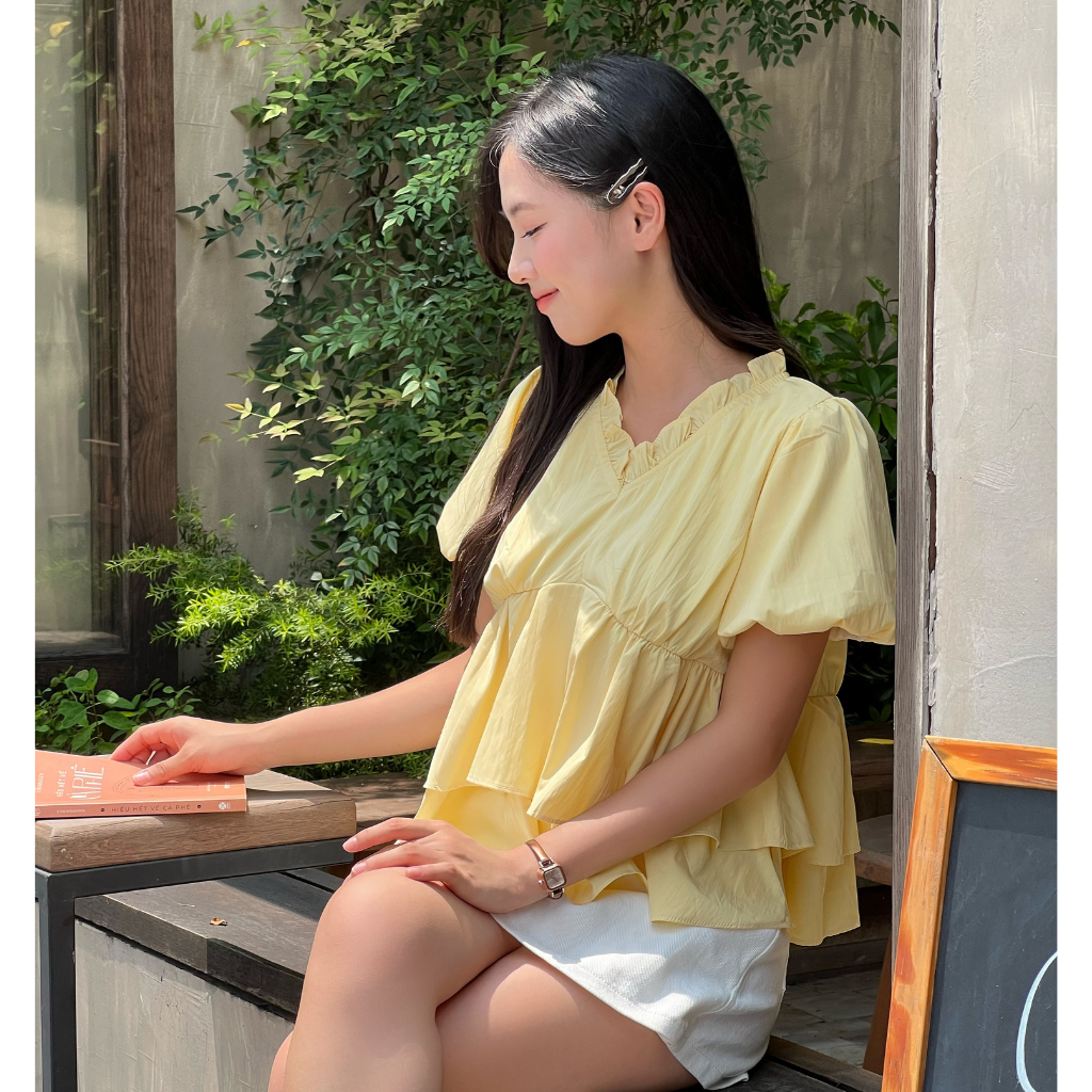Áo kiểu nữ cổ tim hai tầng bèo nhún tay bồng, Áo babydoll cổ bèo gấu dễ thương thời trang hè -A562 - 29feb.closet | BigBuy360 - bigbuy360.vn