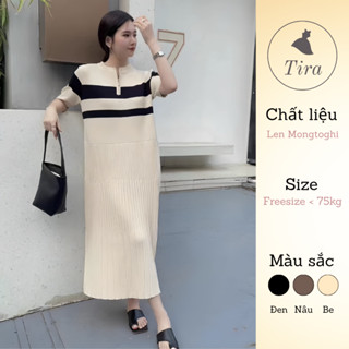 Váy bầu suông TIRA MAMA V1529 Váy bầu chất len mongtoghi dáng dài phối kẻ 2 màu