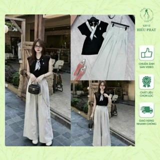 (Tặng kèm khăn lụa)Set áo len zip đen kèm quần xuông xám 3 size SML của nữ