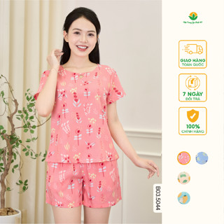 Bộ lanh nữ mặc nhà mùa hè Việt Thắng quần đùi áo cộc tay họa tiết thoáng mát - B03.5044