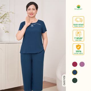 Bộ lanh trung niên mặc nhà Việt Thắng , quần lửng áo cộc tay cổ tròn thêu họa tiết - B26.5092