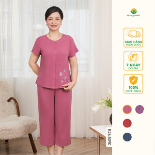 Đồ bộ mặc nhà trung niên nữ chất Lanh Việt Thắng quần lửng áo mở khuy thêu họa tiết B26.5090