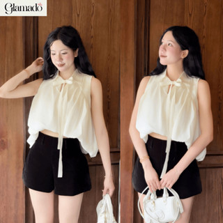 [Hàng đẹp] Áo Croptop High-Low Glamado Cổ Sơ Mi Thắt Nơ Tiểu Thư Sát Nách –  Áo Bánh Bèo Dáng Bí Phồng A30