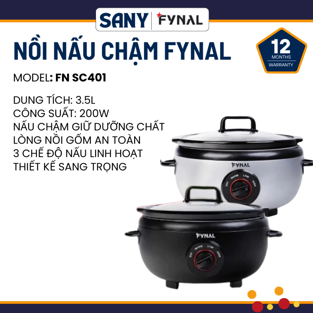 Nồi nấu chậm Fynal FN SC401 lòng gốm 3.5L công suất 200W giữ trọn dinh dưỡng, 3 chế độ nấu