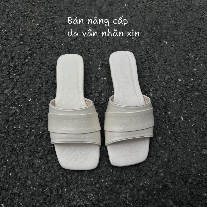 BẢN NÂNG CẤP Dép lê nữ đế bệt quai ngang cách điệu chất liệu da vân nhăn xịn