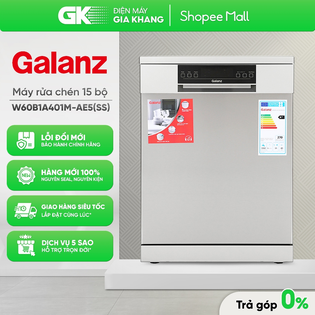 [Shopee - Lắp đặt 0Đ HN HCM]  W60B1A401M-AE5(SS) - Máy Rửa Chén Độc Lập 15 bộ Galanz W60B1A401M-AE5(SS)