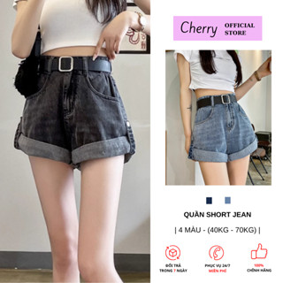 Quần short jean nữ cạp cao CHERRY dáng xòe lưng cao ống rộng lật đai cạp phối chun sành điệu T087