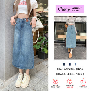 Chân váy jean nữ dài xẻ sau dáng chữ a cạp cao CHERRY Chân váy bò chữ A dáng dài tôn dáng T082
