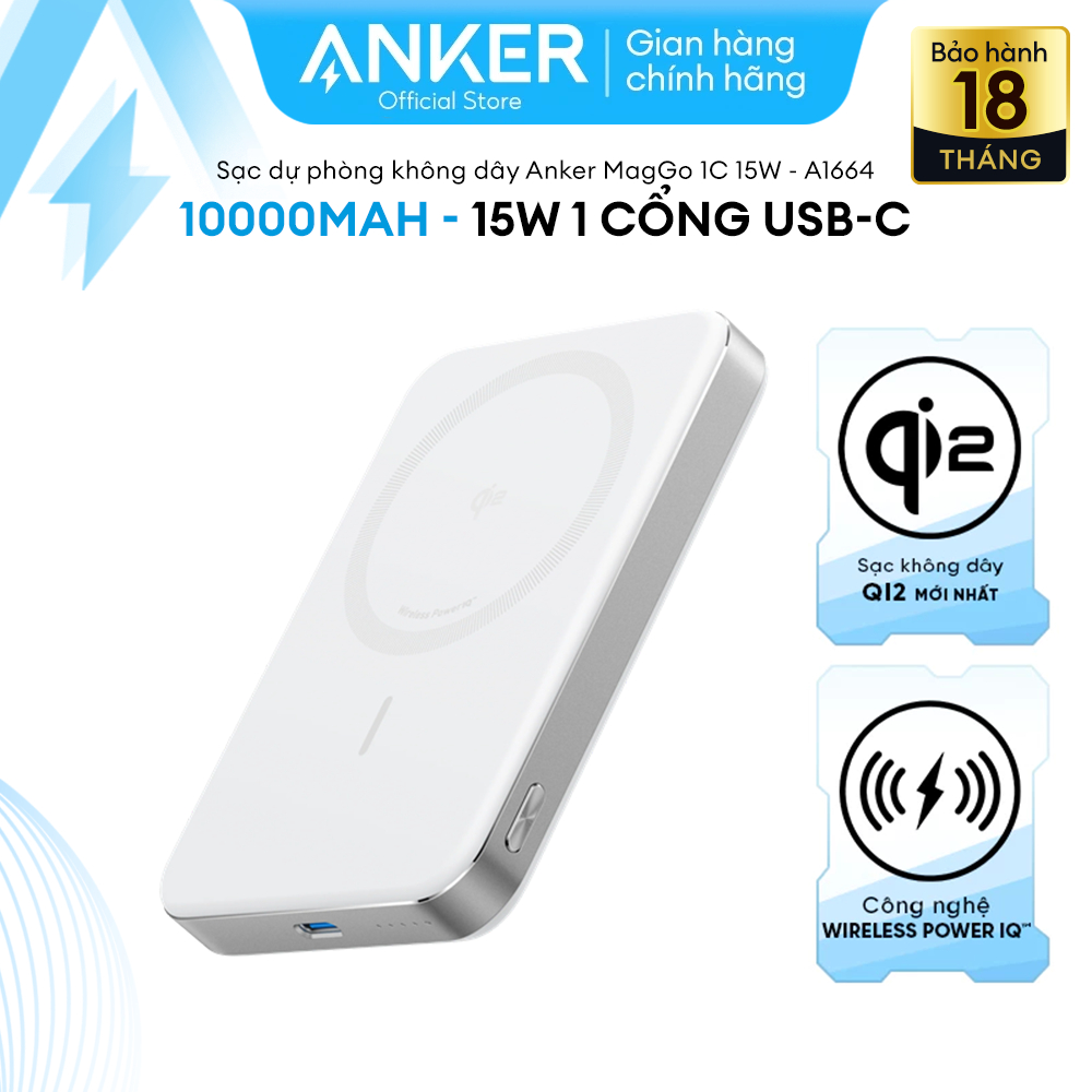 Sạc Dự Phòng Không Dây Anker MagGo 10.000 mAh, Anker MagGo Power Bank (10K, Magnetic Wireless) - A16