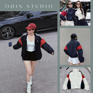 Áo khoác gió 2 lớp thêu ngựa phối kẻ sọc, Áo khoác thể thao nam nữ chất gió lạnh chống mưa cản gió Menwear Jacket-ODIN