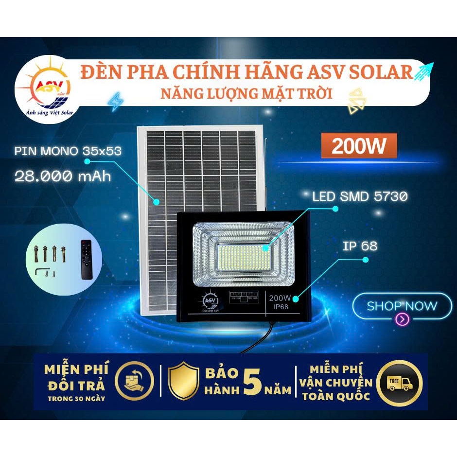 Đèn Pha Năng Lượng Mặt Trời ASV SOLAR 200W. Vỏ Nhôm Đúc Bền Bỉ, IP68 Chống Chịu Mọi Thời Tiết