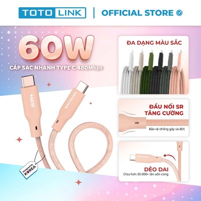 [Hỏa Tốc] Cáp Sạc Nhanh TOTOLINK 60W Type-C 1M – Tương Thích iPhone 15/16/17, Android, Truyền Dữ Liệu