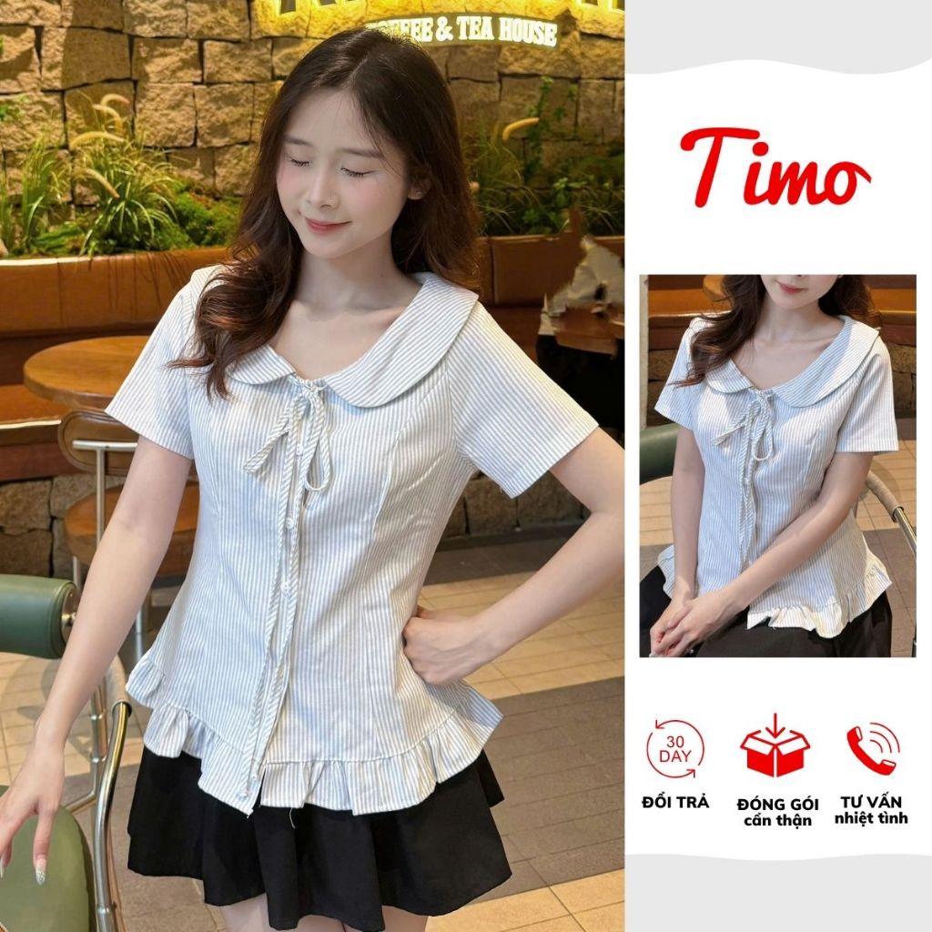 Áo kiểu nữ cổ sen phối dây, dáng ôm xòe nhẹ, tay ngắn sọc nhỏ Hàn Quốc đi làm, đi chơi AOT050 | BigBuy360 - bigbuy360.vn