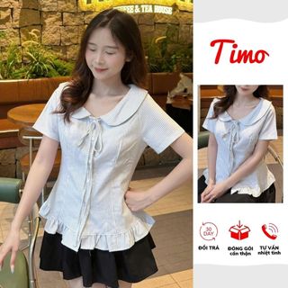  Áo kiểu nữ cổ sen phối dây dáng ôm xòe nhẹ tay ngắn sọc nhỏ Hàn Quốc đi làm đi chơi AOT050 