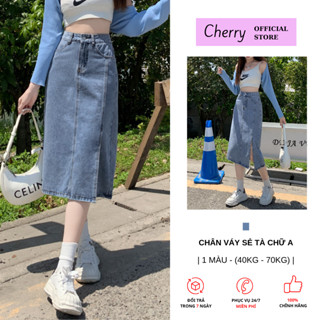 Chân váy jean dài xẻ tà CHERRY cạp cao chữ a ,Chân váy bò dáng dài qua gối eo cao xẻ tà trước T085