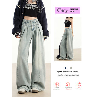 Quần Jean nữ Cherry quần bò nữ cạp cao xếp ly ống rộng phong cách vintage Hàn Quốc T123
