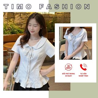 Áo sơ mi nữ tay ngắn form ôm eo dễ thương, cổ bèo phối nơ, áo sọc vintage Hàn Quốc xinh xắn AOT050