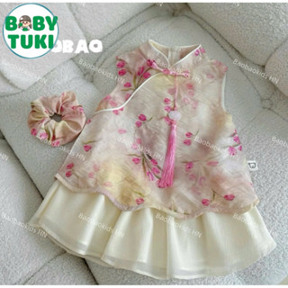 Set yếm trung thu cho bé gái Tukibaby hồng đính chuông, set đồ bé gái áo yếm+chân váy cách điệu