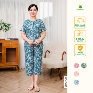 Bộ đồ lanh tole trung niên mặc nhà thời trang Việt Thắng, quần lửng, áo cộc tay họa tiết - B06.5022