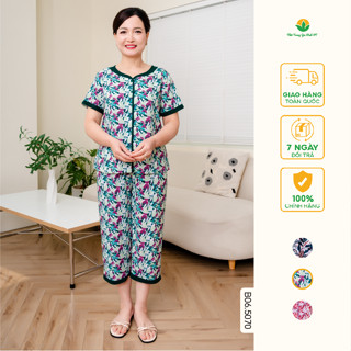 Đồ bộ trung niên mặc nhà chất Lanh Việt Thắng cho bà cho mẹ, quần lửng, áo cộc tay mở khuy B06.5070