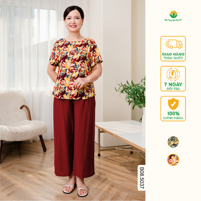 Bộ áo lanh phối quần linen trung niên, quần dài áo cộc tay họa tiết  thời trang Việt Thắng B08.5037
