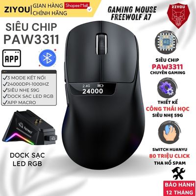 Chuột Không Dây Gaming Ziyou Free Wolf A7 Chip PAW3311 DPI 24000, Polling Rate 1.000Hz, Dock Sạc RGB