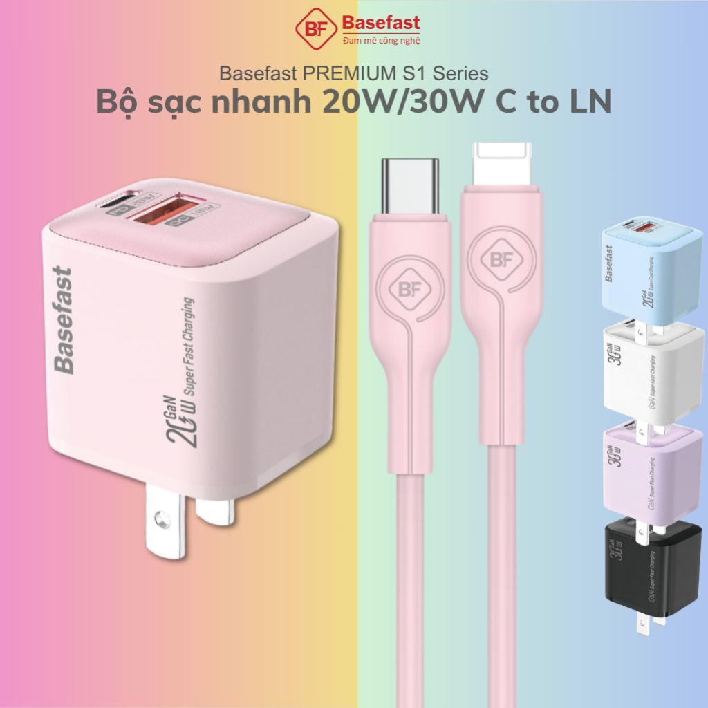 Bộ sạc nhanh 20W Basefast Củ sạc Gan cổng kèm dây C to LN cho Phone xs xr 11 12 13 14 pro