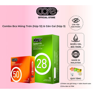  Bao cao su mỏng tăng cường gel bôi trơn kéo dài thời gian CARE 28 hộp 12 và bcs gân gai CARE 50 hộp3 