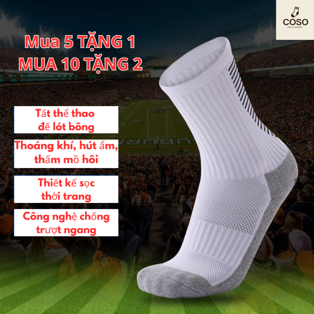 [COSO] Tất Cổ Cao Thể Thao Cotton Chống Trơn Trượt, Giảm Chấn, Bảo Vệ Gót & Vòm Chân, Thoáng Khí
