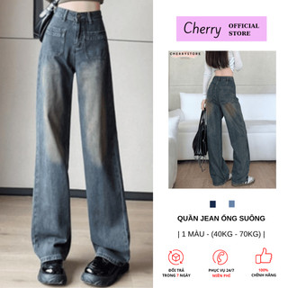  Quần bò ống rộng cạp cao CHERRY vải jeans dáng suông dày đẹp giá rẻ cho nữ T137 