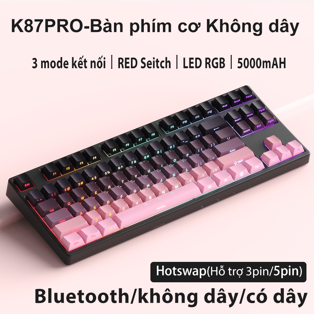Bàn phím cơ gaming Không dây 2.4G/Bluetooth ONIKUMA Red switch 87 phím màu tím/xanh/hồng,có đèn RGB,cho máy tính/laptop | BigBuy360 - bigbuy360.vn
