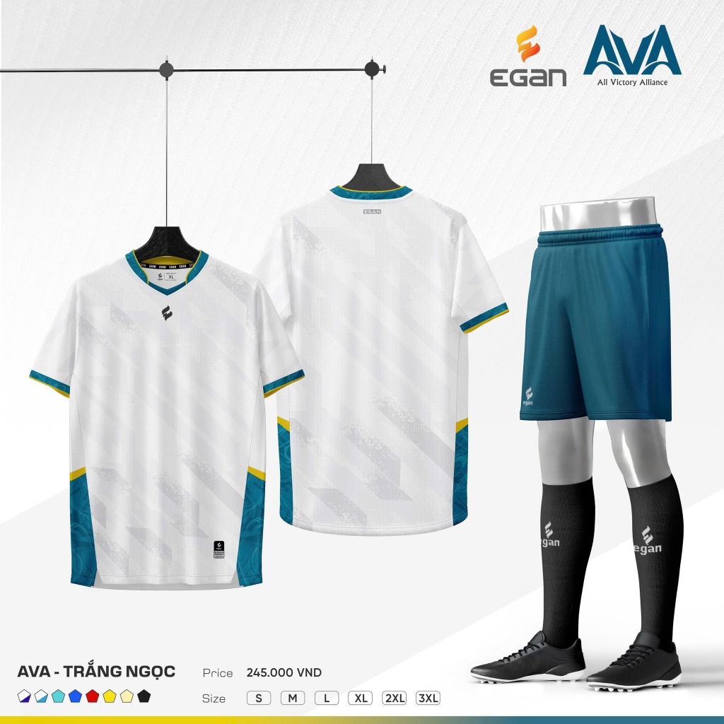 EGAN - Bộ Bóng Đá Egan AVA TRẮNG XANH, Form áo chuẩn thi đấu, Logo sang trọng, Chất vải cao cấp